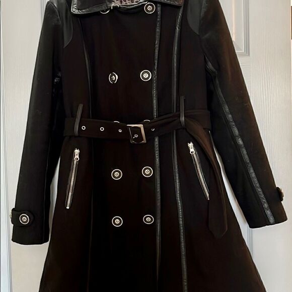 Excelled Collection Women’s Black and Silver Hardware Peacoat with Belt- Small - Picture 3 of 11